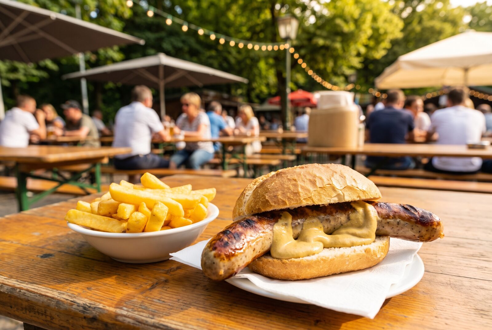 Bratwurst mit Pommes im Biergarten der Jausenstation