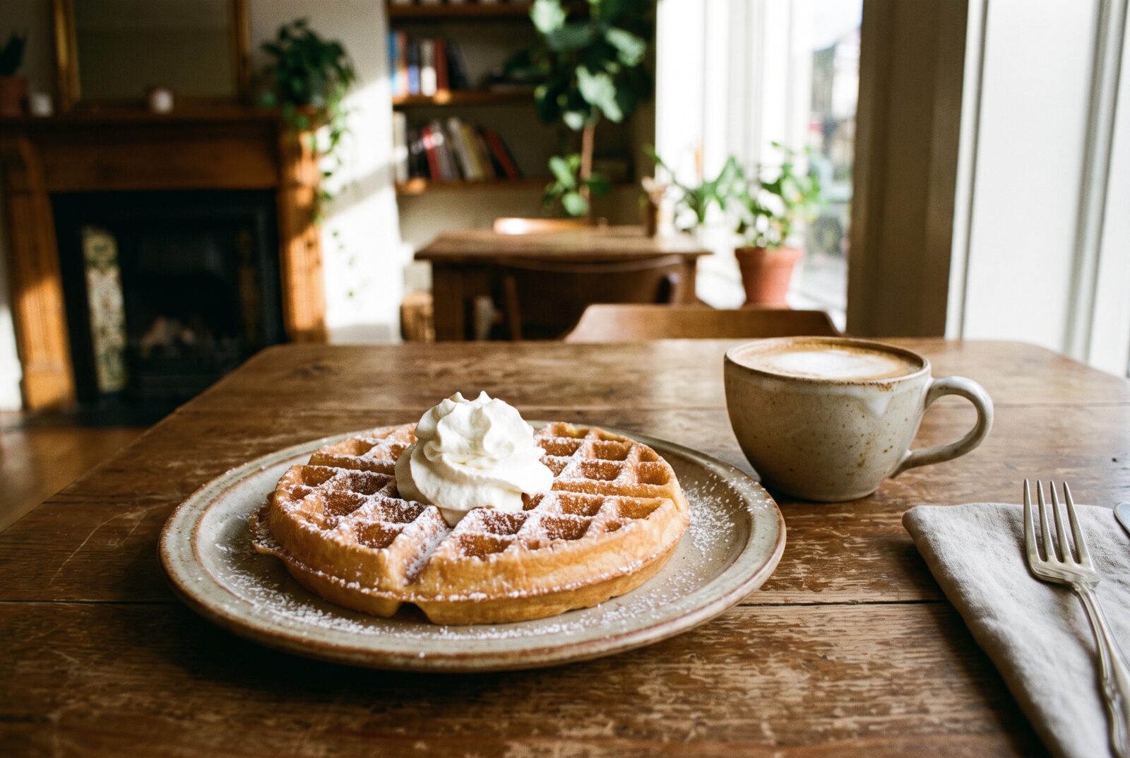 Waffel mit Sahne und Puderzucker